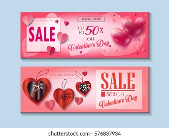 Happy Valentines Day Sale discount banner set. Set of Sale Special offer poster with heart balloons, price tag, shopping cart. Love, poster, banner, coupon, voucher. Typography Gift card, Marketing