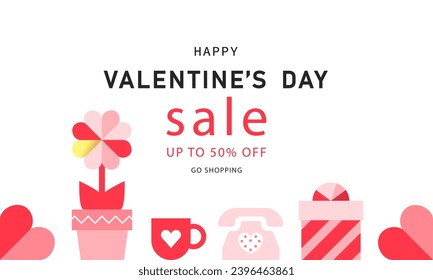 Happy Valentines Day Sale, February 14th. Vector illustration for banner, posters, holiday cover . Abstract design with romantic decorative elements. Modern minimalist geometric style.