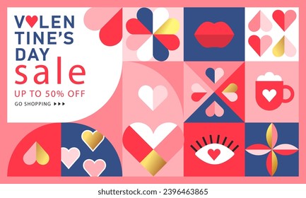 Happy Valentines Day Sale, February 14th. Vector illustration for banner, posters, holiday cover . Abstract design with romantic decorative elements. Modern minimalist geometric style.