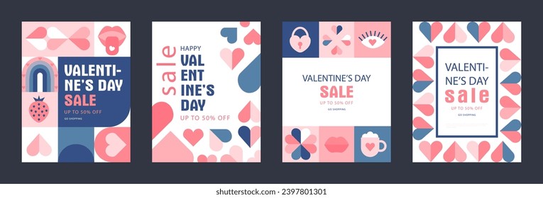 Happy Valentines Day Sale, February 14th. Set of vector illustrations for banner, posters, holiday cover . Abstract design with romantic decorative elements. Modern minimalist geometric style.