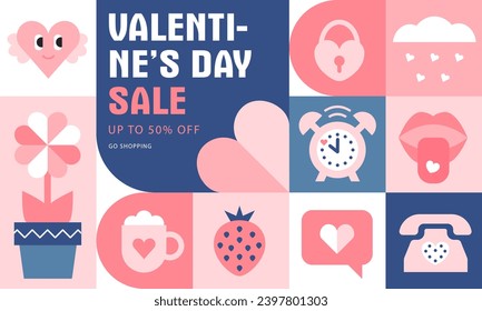 Happy Valentines Day Sale, February 14th. Vector illustration for banner, posters, holiday cover . Abstract design with romantic decorative elements. Modern minimalist geometric style.