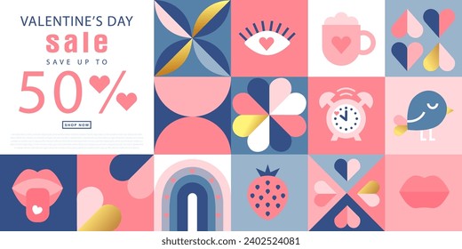 Happy Valentines Day Sale, February 14th. Vector illustration for banner, posters, holiday cover . Abstract design with romantic decorative elements. Modern minimalist geometric style