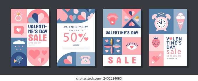 Happy Valentines Day Sale, February 14th. Set of vector illustrations for banner, posters, holiday cover . Abstract design with romantic decorative elements. Modern minimalist geometric style.