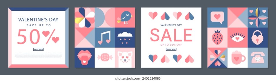 Happy Valentines Day Sale, February 14th. Set of vector illustrations for banner, posters, holiday cover . Abstract design with romantic decorative elements. Modern minimalist geometric style.