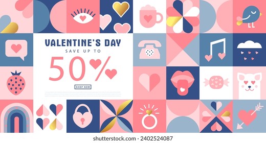 Happy Valentines Day Sale, February 14th. Vector illustration for banner, posters, holiday cover . Abstract design with romantic decorative elements. Modern minimalist geometric style.