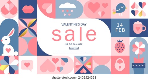 Happy Valentines Day Sale, February 14th. Vector illustration for banner, posters, holiday cover . Abstract design with romantic decorative elements. Modern minimalist geometric style.