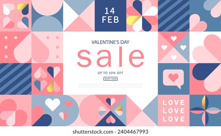 Happy Valentines Day Sale, February 14th. Vector illustration for banner, posters, holiday cover . Abstract design with romantic decorative elements. Modern minimalist geometric style.