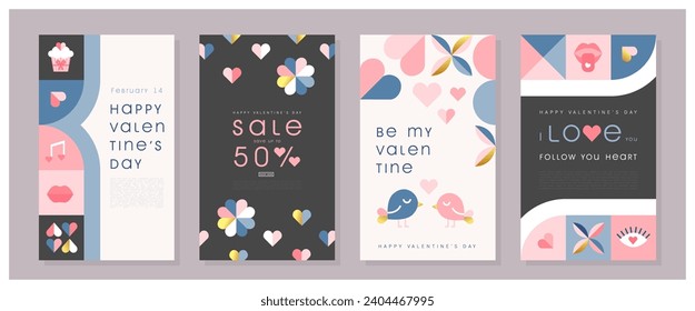 Happy Valentines Day Sale, February 14th. Set of vector illustrations for banner, posters, holiday cover . Abstract design with romantic decorative elements. Modern minimalist geometric style.