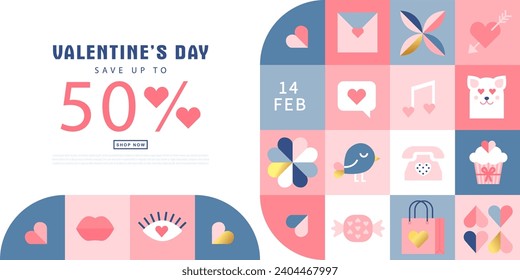 Happy Valentines Day Sale, February 14th. Vector illustration for banner, posters, holiday cover . Abstract design with romantic decorative elements. Modern minimalist geometric style.