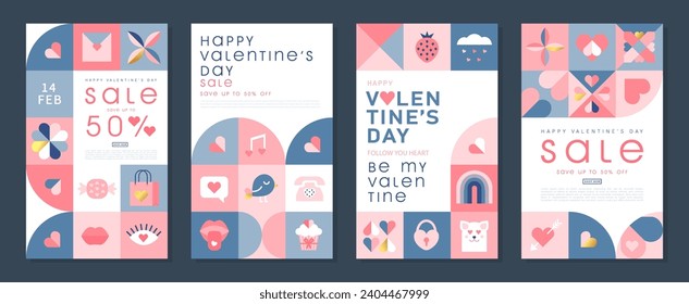 Happy Valentines Day Sale, February 14th. Set of vector illustrations for banner, posters, holiday cover . Abstract design with romantic decorative elements. Modern minimalist geometric style