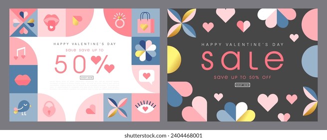 Happy Valentines Day Sale, February 14th. Set of vector illustrations for banner, posters, holiday cover . Abstract design with romantic decorative elements. Modern minimalist geometric style.