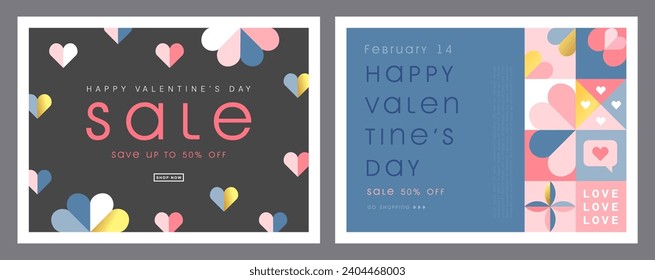 Happy Valentines Day Sale, February 14th. Set of vector illustrations for banner, posters, holiday cover . Abstract design with romantic decorative elements. Modern minimalist geometric style.