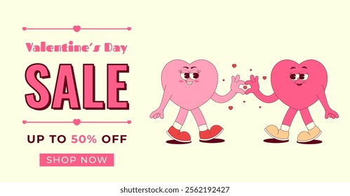 Happy Valentines Day sale flyer with cute walking couple heart character in retro groovy style. Horizontal vector illustration for poster, brochure, banner, card, special offer