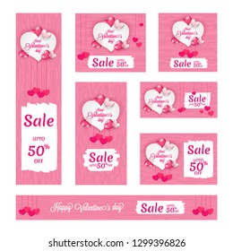 Happy Valentine's Day sale header and banner set with 50% discount offer and decorative heart shapes.