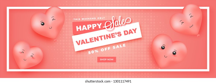 Happy Valentine's Day sale header design, illustration of cute heart balloons with expressions and 50% discount offer on pink halftone background.