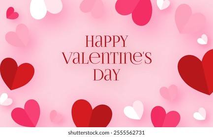 Happy Valentine's day sale header or voucher template with hearts and pink sky and paper cut clouds Place for text. 