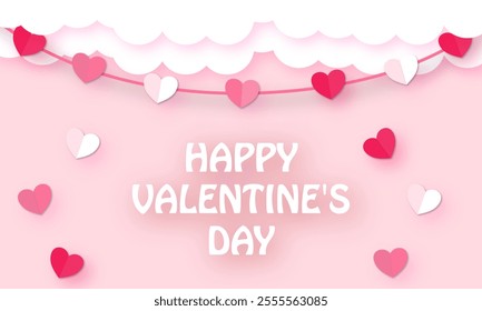 Happy Valentine's day sale header or voucher template with hearts and pink sky and paper cut clouds Place for text. 