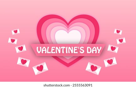 Happy Valentine's day sale header or voucher template with hearts and pink sky and paper cut clouds Place for text. 