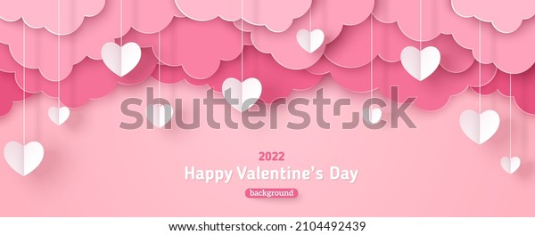 Happy Valentine\'s day sale header or voucher\
template with white hanging hearts. Poster or banner with pink\
paper cut clouds. Place for\
text.
