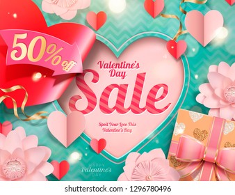 Happy valentine's day sale heart shaped and pink flowers decorations in 3d illustration