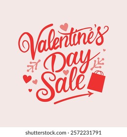 Happy Valentines Day Sale lettering calligraphy with hearts shape and shopping bag. Valentine's Day holiday lettering, vector illustration