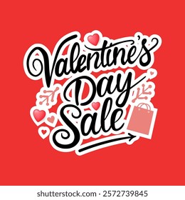 Happy Valentines Day Sale lettering calligraphy with hearts shape and shopping bag. Valentine's Day holiday lettering, vector illustration