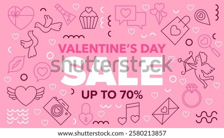 Happy Valentines Day Sale Line Banner. Vector Illustration of Outline and Contour Style. Love Romance. Seasonal Greetings. Discount Up to 70% Promotion. Heart Linear Objects.