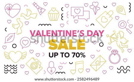 Happy Valentines Day Sale Line Banner. Vector Illustration of Outline and Contour Style. Love Romance. Seasonal Greetings. Discount Up to 70% Promotion. Heart Linear Objects.