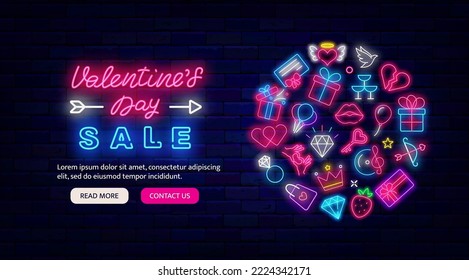 Happy Valentines Day sale neon promotion. Website landing page template. February special offer. Circle layout with icons. Luminous banner. Heart, present and crown. Vector stock illustration