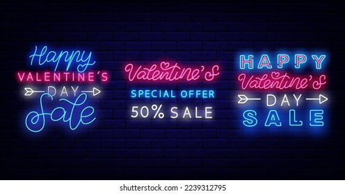 Happy Valentines Day Sale neon labels collection. Cupid arrow. Luminous advertisings set. February holiday marketing. Romantic shopping signs. Vector stock illustration