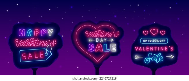 Happy Valentines Day sale neon street billboards collection. Heart frame. Luminous advertisings set. February holiday. Vector stock illustration