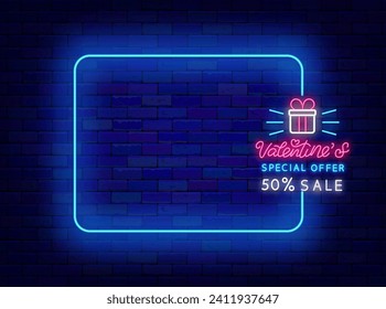 Happy Valentines day sale neon banner. February shopping and special offer. Empty blue frame with typography and present. Copy space. Bright flyer. Glowing poster. Editable stroke. Vector illustration