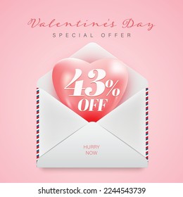 happy Valentines day sale offer unit. offer on 3d heart coming out from envelope.