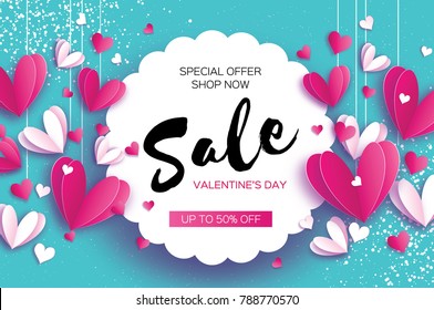 Happy Valentine's day. Sale offer. Origami pink, white hearts in paper cut style on blue sky. Circle wave frame. Text. Shop market poster. Romantic Holidays. Love. 14 February.