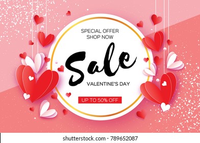 Happy Valentine's day. Sale offer. Origami red, white hearts in paper cut style on pink. Circle frame. Text. Shop market poster. Romantic Holidays. Love. 14 February.