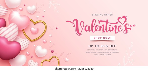 Herzlichen Glückwunsch Valentinstag Verkauf, rosa und goldenes Herzdesign, Banner rosa Hintergrund, EPS10 Vektorgrafik.