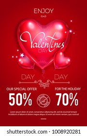 Happy Valentine's Day Sale Poster Template with Colorful and Glossy Red Foil Heart Balloon. Vector illustration