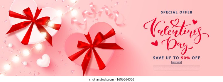 Happy valentine's day sale poster. Holiday background with gift boxes, hearts, pink ribbon, garland and confetti. Vector illustration for website,banners,ads,coupons,promotional material