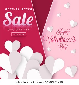 Happy Valentine's Day Sale Poster Design with 55% Discount Offer and White Paper Hearts Decorated on Pink and Burgundy Background.