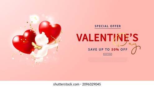 Happy Valentine's Day Sale poster with realistic 3d angel cupid, red hearts and flying golden confetti.Festive background for February 14 .Vector design for postcards, advertising material, websites.