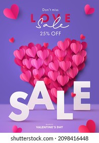 Happy Valentine's Day Sale poster. Romantic creative design with big heart made of pink red realistic 3d Origami Hearts on trendy violet background. Festive advertisement promo template