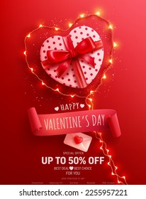 Happy Valentine's Day Sale Poster or banner with Heart Shaped Gift Box and symbol of heart from LED String lights on Red. Promotion and shopping template for Love and Valentine's day concept.