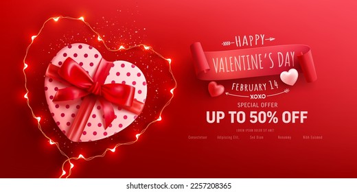 Happy Valentine's Day Sale Poster or banner with Heart Shaped Gift Box and symbol of heart from LED String lights on Red. Promotion and shopping template for Love and Valentine's day concept.