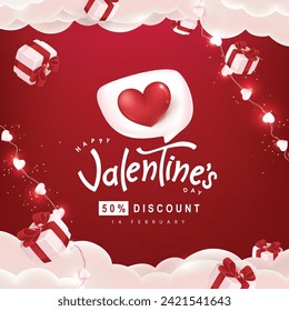 Happy Valentine's day sale poster banner background template with gift box on red background