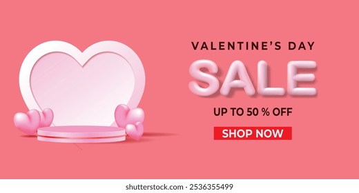 Happy Valentine's Day Sale poster or banner with heart symbol and product podium on pink background. Promotion and shopping template for Valentine's day, vector file