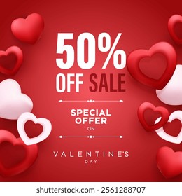 Happy Valentine's Day Sale Poster or banner with symbol of heart. Valentine's day discount sale poster flyer or social media post template design.