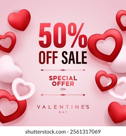 Happy Valentine's Day Sale Poster or banner with symbol of heart. Valentine's day discount sale poster flyer or social media post template design.