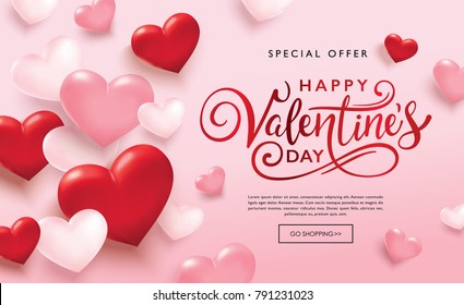 Happy Valentines Day sale poster with pink and red hearts