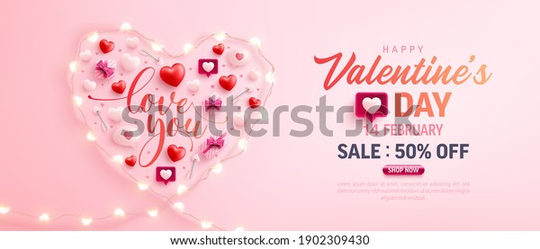 Happy Valentine\'s Day Sale Poster or banner with\
symbol of heart from LED String lights and valentine elements on\
pink background. Promotion and shopping template for love and\
Valentine\'s day concept