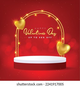 Happy valentines day sale product podium decorated with lights and golden hearts